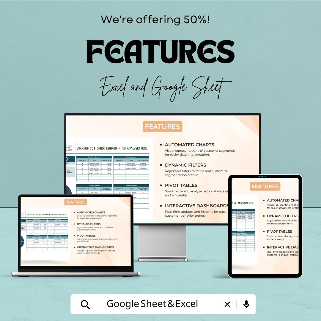 Startup Customer Segmentation Analysis Tool Template | Excel and Google Sheets Dashboard | Automated Charts Pivot Tables Customer