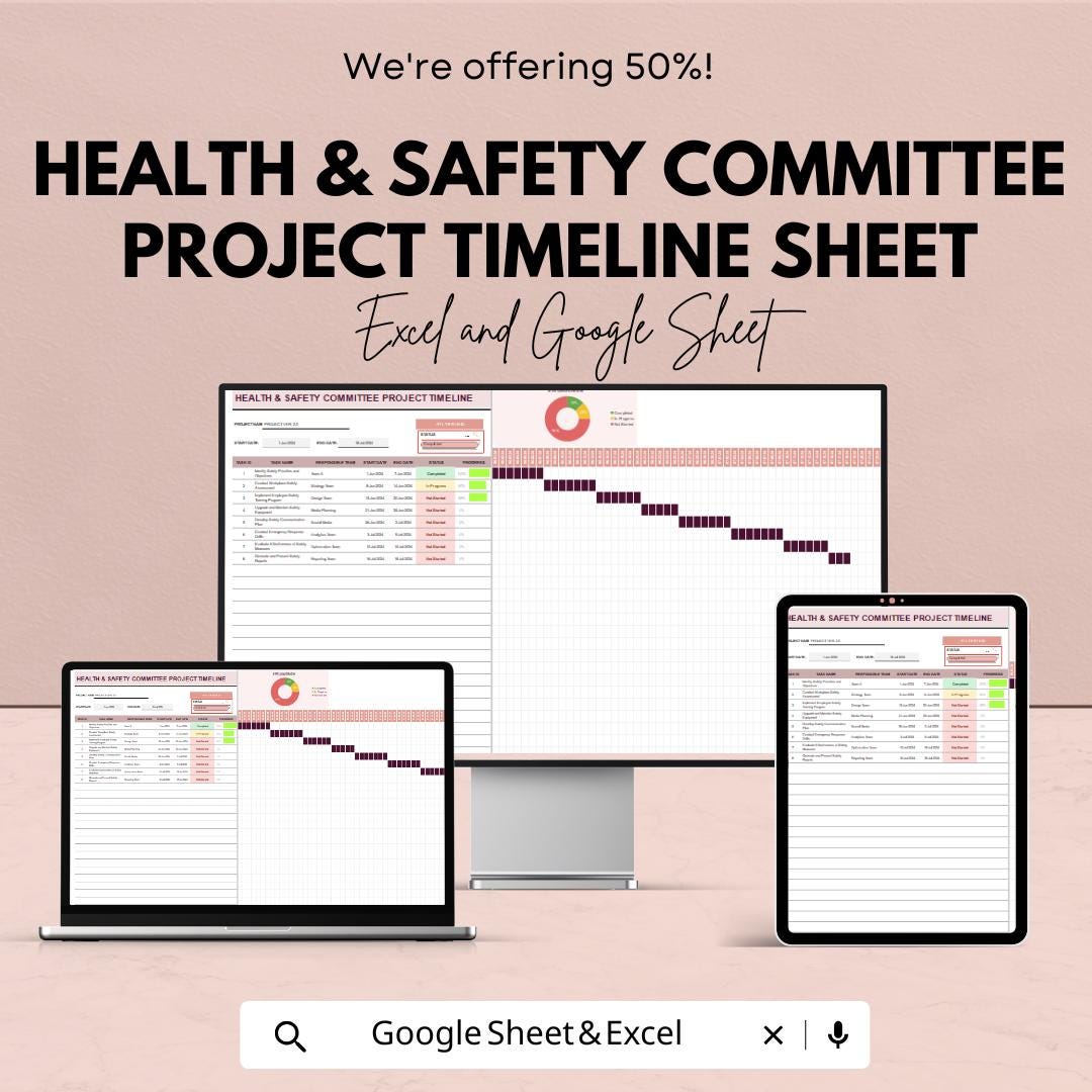 Health and Safety Committee Project Timeline Sheet | Google Sheets Template | Milestone Monitoring & Project Management | Instant Download