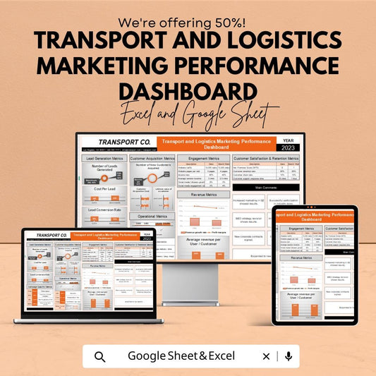 Marketing Dashboard Template | Transport and Logistics KPI Tracker | Excel & Google Sheets Marketing Report | Analytics Performance Sheet