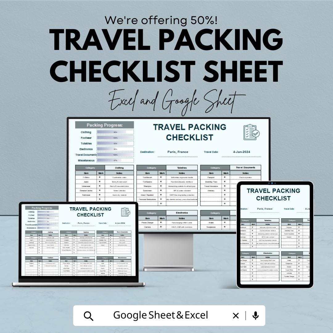 Travel Packing Checklist | Vacation Packing List Template | Excel and Google Sheet | Family, Solo Trip & Holiday Planner