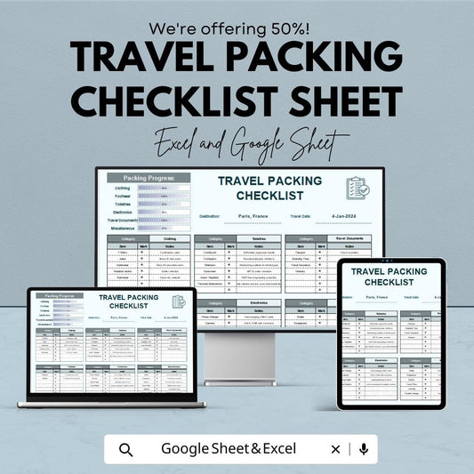 Travel Packing Checklist | Vacation Packing List Template | Excel and Google Sheet | Family, Solo Trip & Holiday Planner