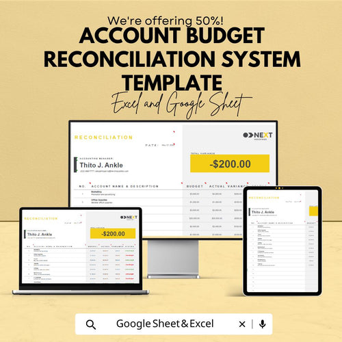 Account Budget Reconciliation System Template | Excel & Google Sheets | Financial Reconciliation Spreadsheet | Budget vs Actual Tracker