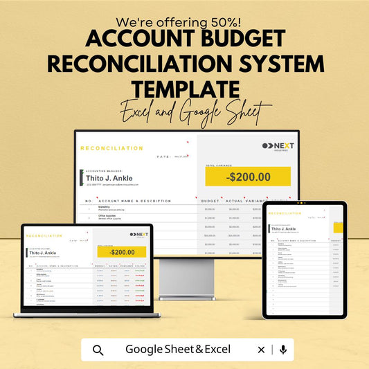 Account Budget Reconciliation System Template | Excel & Google Sheets | Financial Reconciliation Spreadsheet | Budget vs Actual Tracker