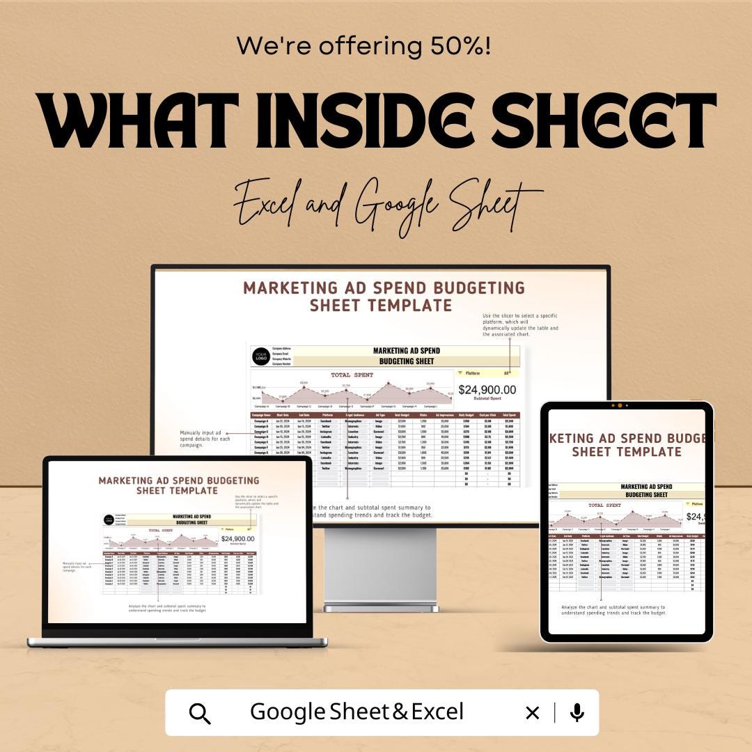 Marketing Ad Spend Budgeting Sheet | Excel and Google Sheets Template | Track Advertising Campaigns, Budget & ROI