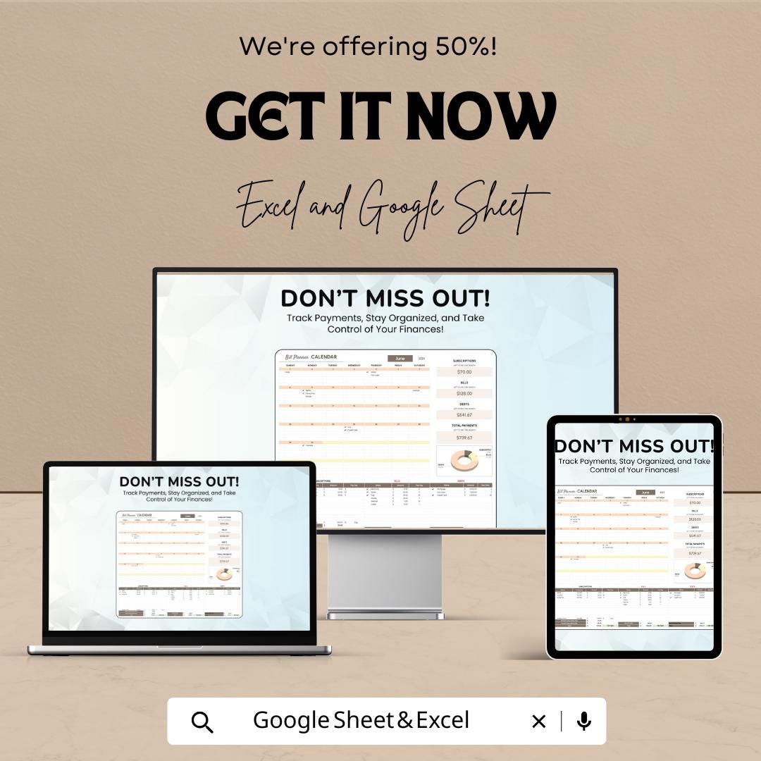 Bill Planner Calendar Sheet for Excel & Google Sheets | Monthly Bill Tracker Template | Budget Planner | Instant Download