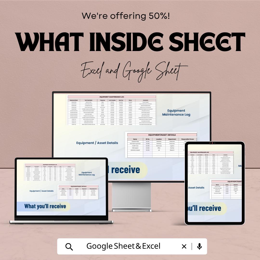 Printable Maintenance Schedule Template | Equipment Maintenance Log | Preventive Maintenance Checklist | Excel Google Sheets | Asset Tracker