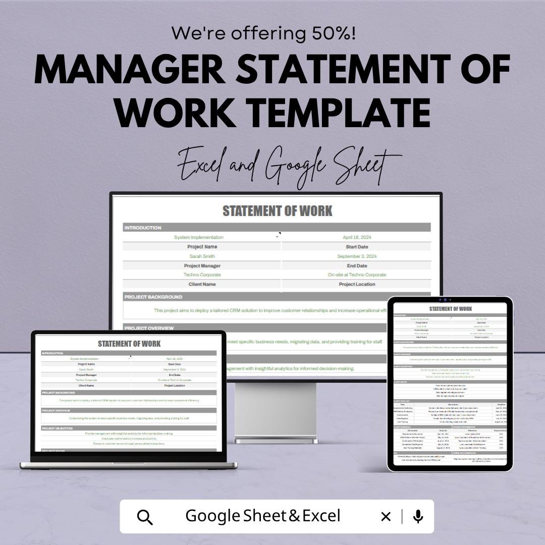 Statement of Work Template | Manager SOW Template | Project Scope Document | Business Agreement Template | Work Scope Sheet