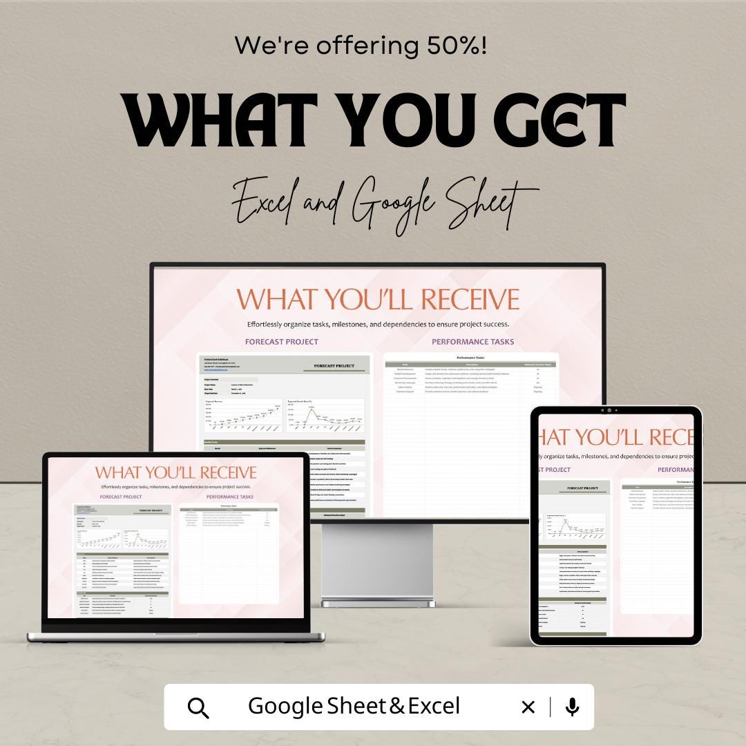 Forecast Project Template, Project Forecast Spreadsheet, Financial Projection Template,  Business Forecast Planner, Revenue Planning Tool