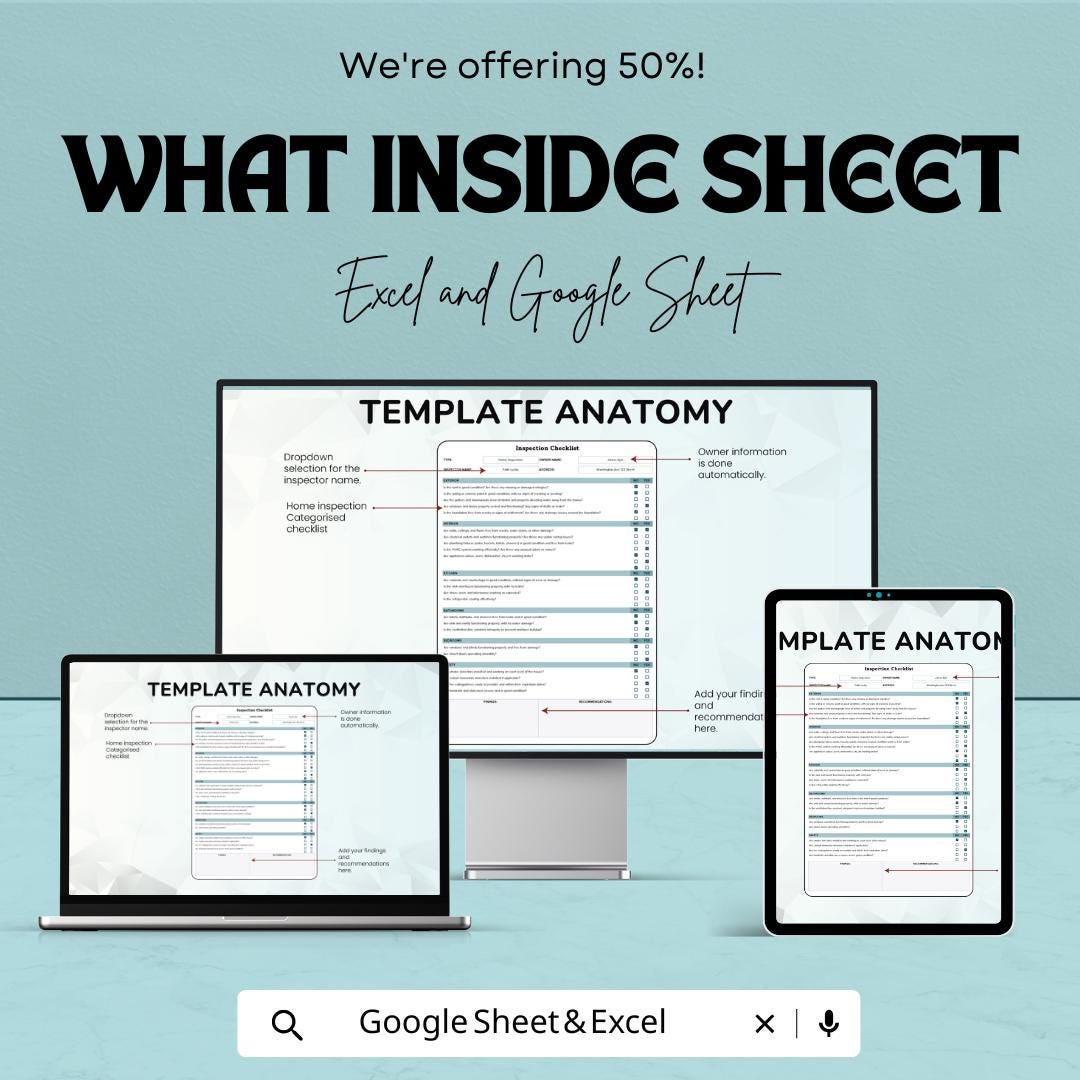 Home Inspection Checklist Template - Excel and Google Sheets | Property Inspection Tracker & Inspection Report Form