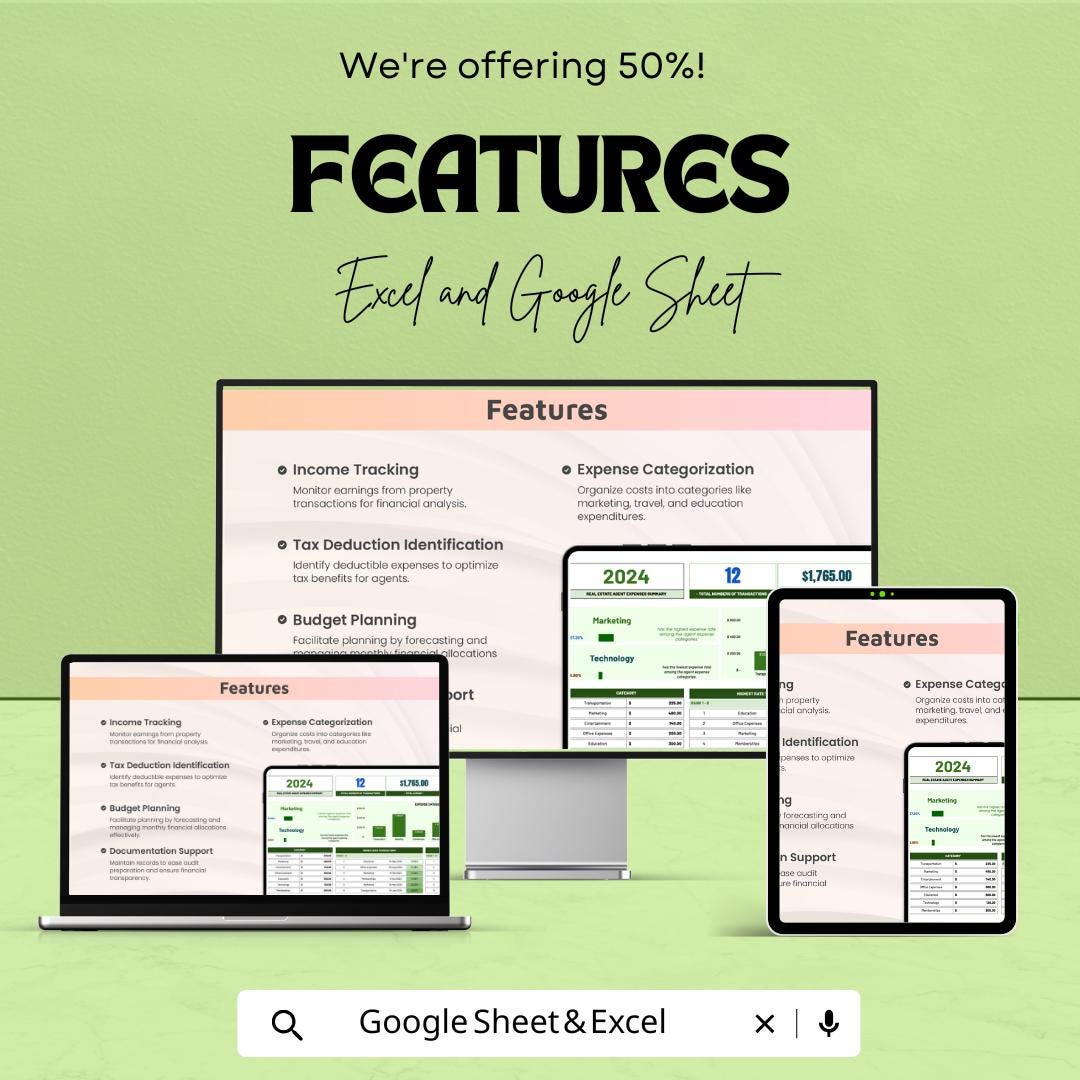 Real Estate Agent Expense Tracker | Property Management Financial Sheet | Google Sheets and Excel Template | Budget & Tax Planning Tool