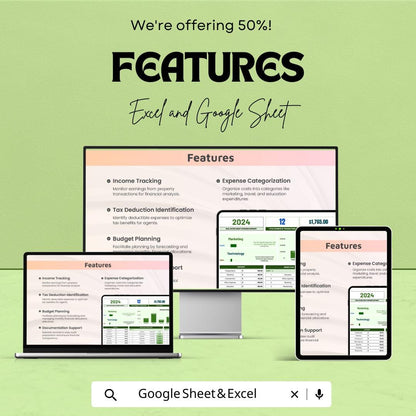 Real Estate Agent Expense Tracker | Property Management Financial Sheet | Google Sheets and Excel Template | Budget & Tax Planning Tool