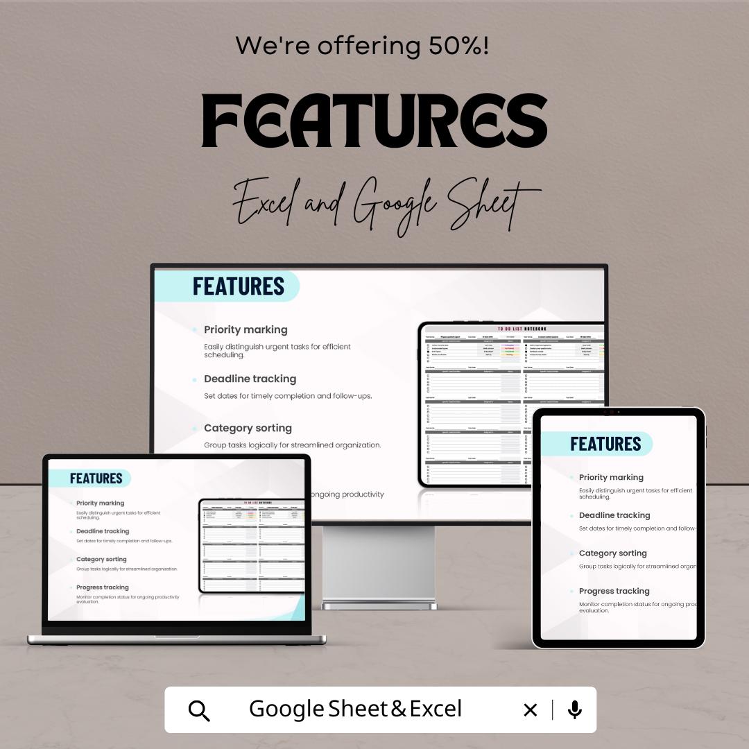 To Do List Notebook Sheet for Excel and Google Sheets – Task Manager, Checklist Tracker, Productivity Planner