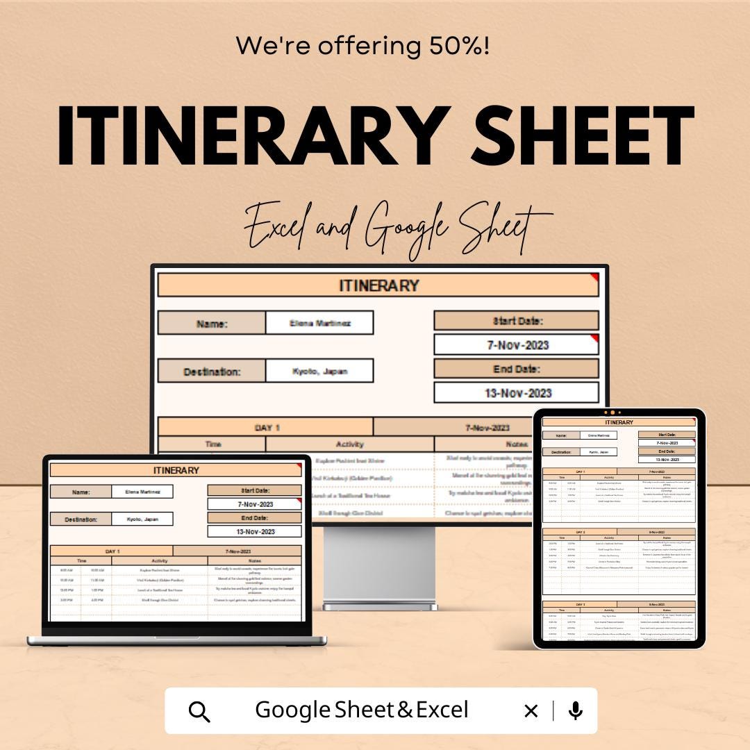 Itinerary Sheet - Travel Planner |  Google Sheets - 50% OFF - Customizable Travel Schedule & Budget Tracker - Plan Your Trip Efficiently