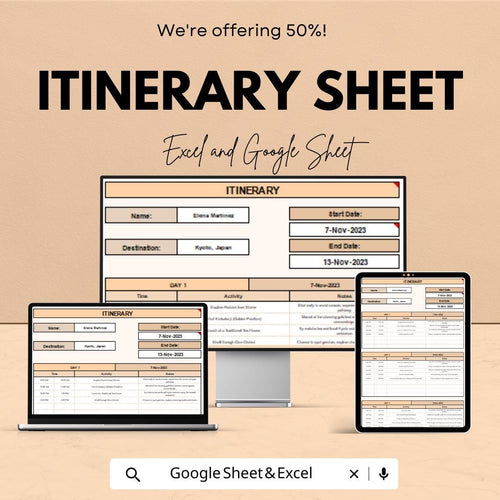 Itinerary Sheet - Travel Planner |  Google Sheets - 50% OFF - Customizable Travel Schedule & Budget Tracker - Plan Your Trip Efficiently