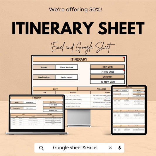 Itinerary Sheet - Travel Planner |  Google Sheets - 50% OFF - Customizable Travel Schedule & Budget Tracker - Plan Your Trip Efficiently