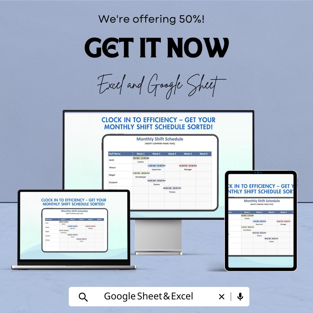 Monthly Shift Schedule Template - Excel & Google Sheets, Employee Work Schedule Planner, Customizable, Staff Shift Organizer
