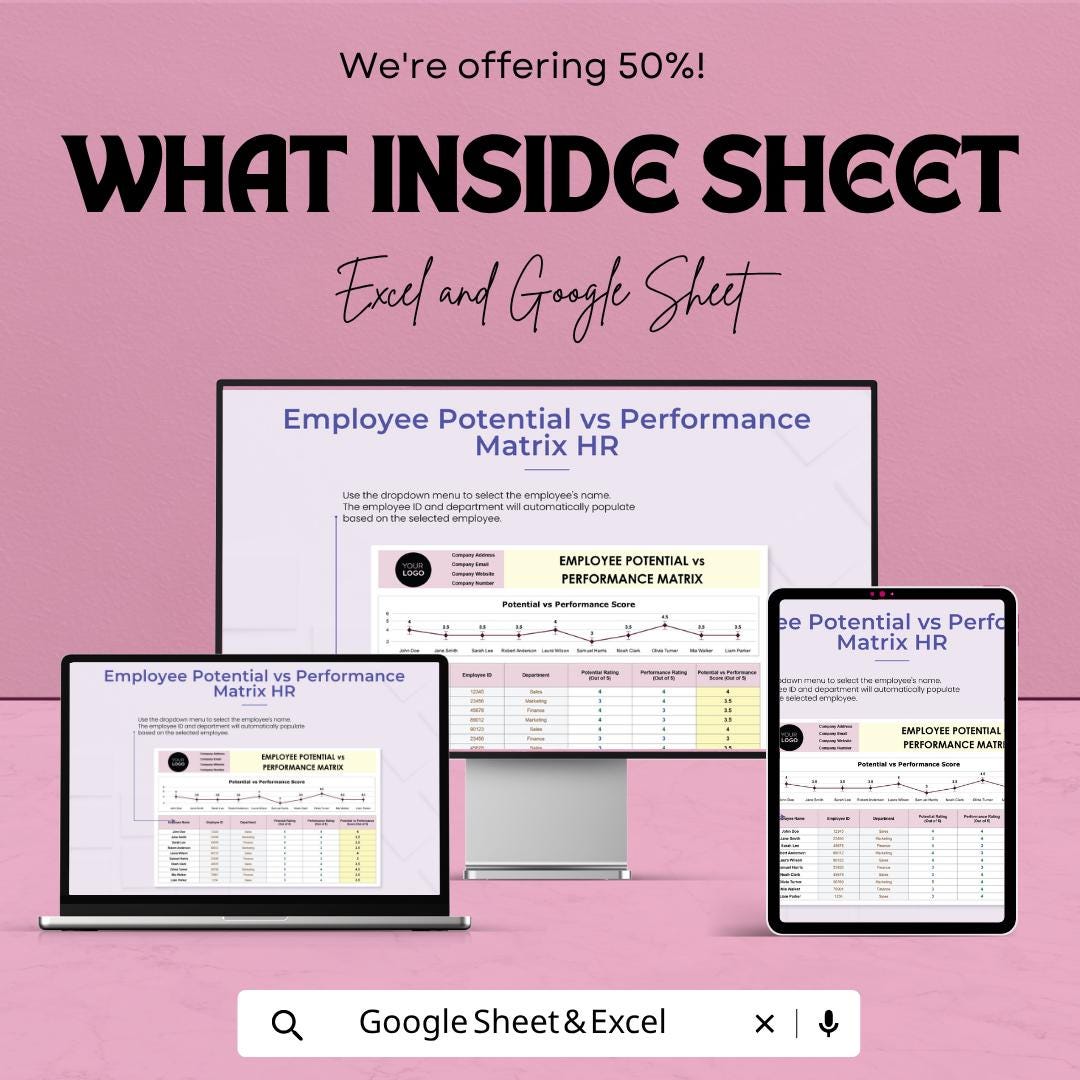 Employee Performance Matrix Template | 9 Box Talent Grid | HR Performance Review Spreadsheet | Excel & Google Sheets | Employee Evaluation