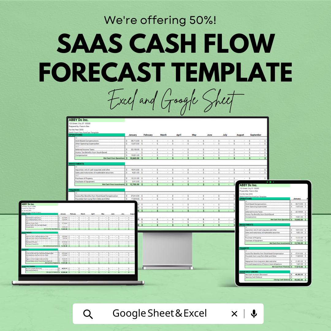 SaaS Cash Flow Forecast Template , Startup Financial Model, SaaS Finance Tracker, Cash Flow Projection Spreadsheet, SaaS Budget Planner