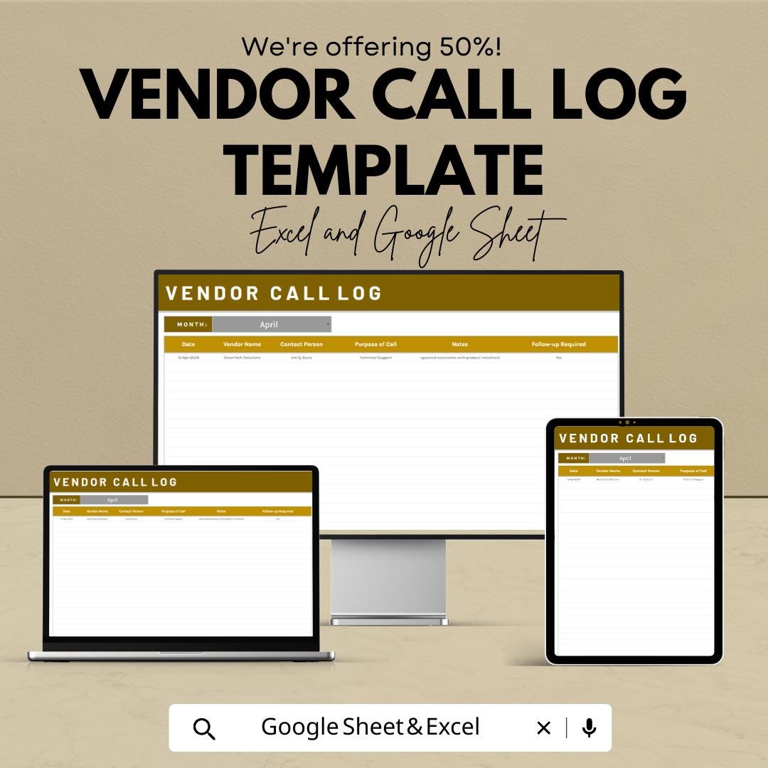 Vendor Call Log Template | Vendor Communication Tracker |  Call Log | Vendor Management Spreadsheet | Business Call Tracking Sheet
