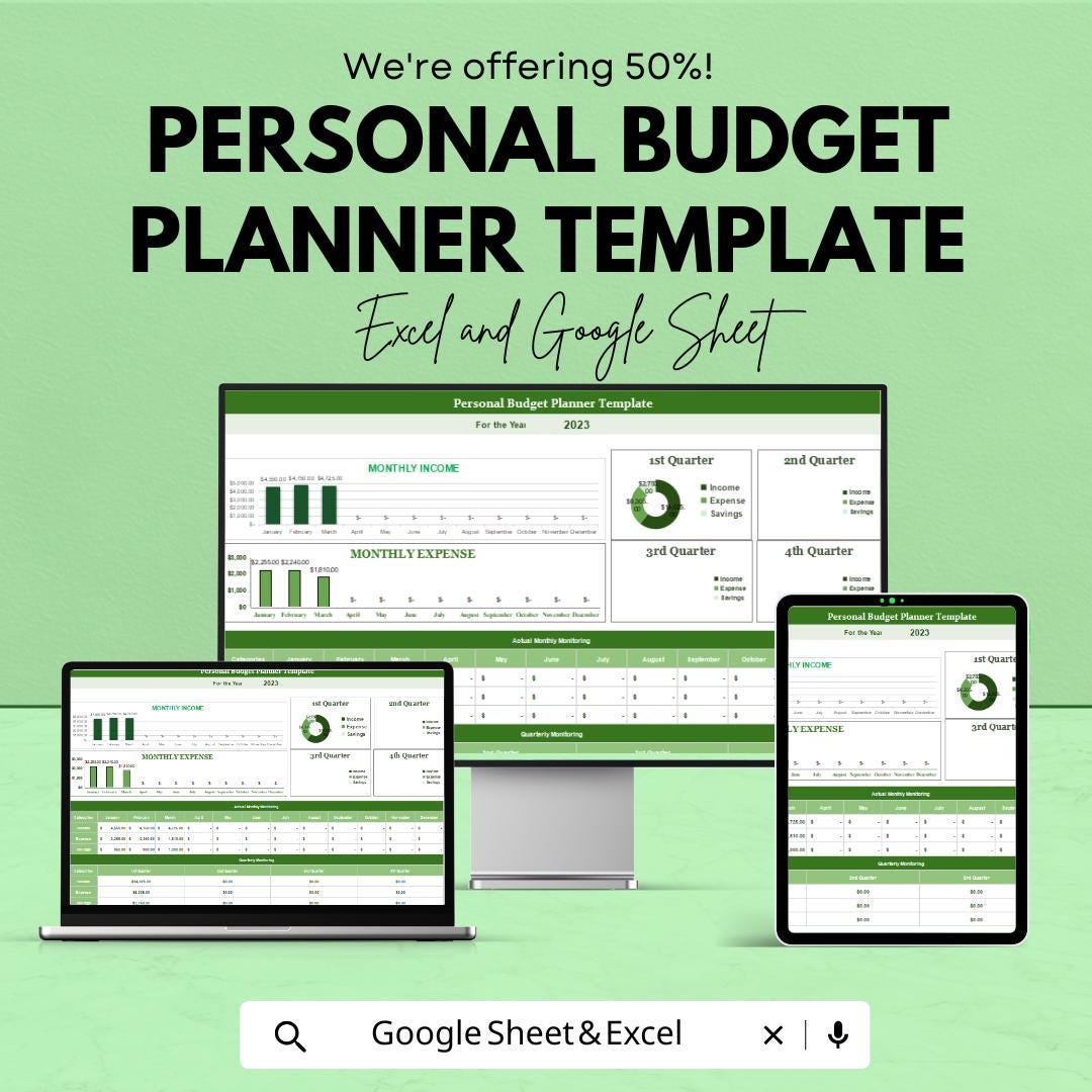 Personal Budget Planner Template | Monthly Expense Tracker | Google Sheets and Excel Finance Spreadsheet | Income & Savings Organizer