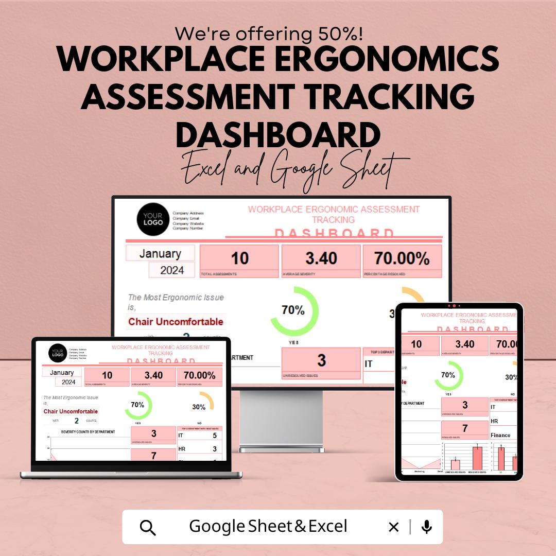 Workplace Ergonomics Assessment Tracking Dashboard | Google Sheet Template | Employee Comfort & Productivity Tracker | 50% Off!
