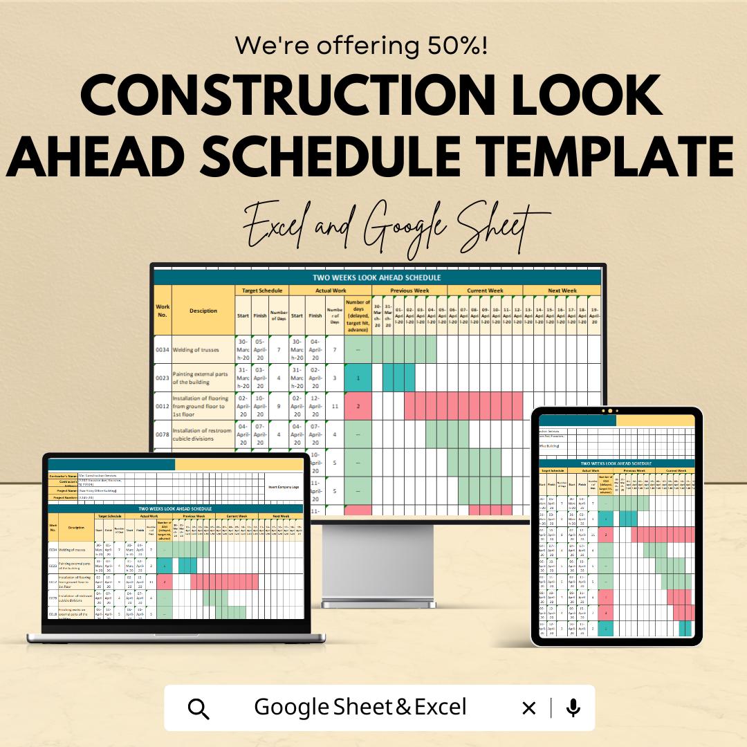 Construction Look Ahead Schedule Template | 2 Week Planner | Project Management Tool | Editable Construction Schedule | Instant Download