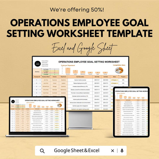 Employee Goal Setting Template, Operations Goal Tracker, Performance Worksheet, Staff Goal Planner, Excel and Google Sheets