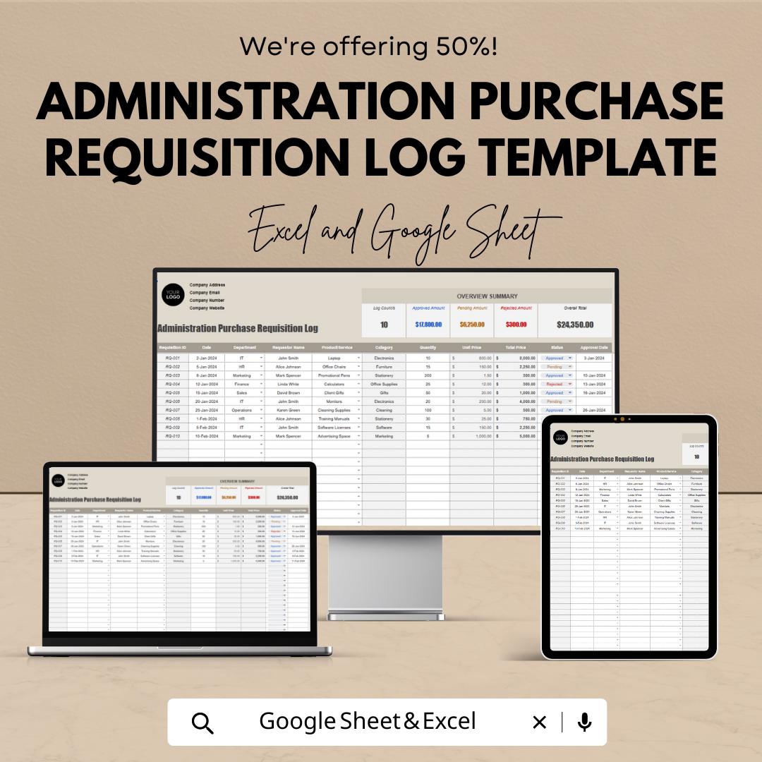 Administration Purchase Requisition Log Template, Purchase Request Tracker, Procurement Log Spreadsheet, Excel & Google Sheets