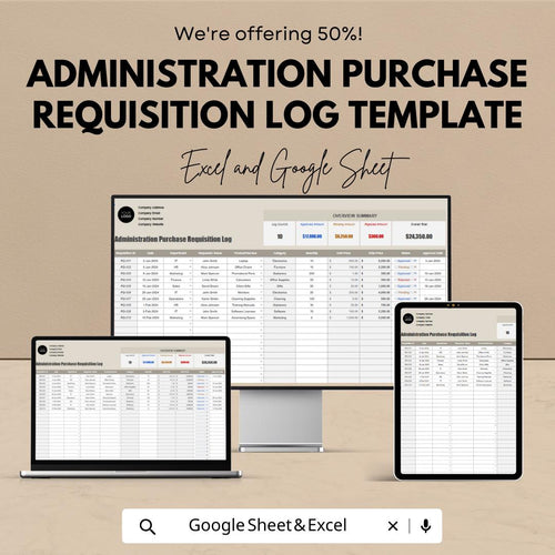 Administration Purchase Requisition Log Template, Purchase Request Tracker, Procurement Log Spreadsheet, Excel & Google Sheets