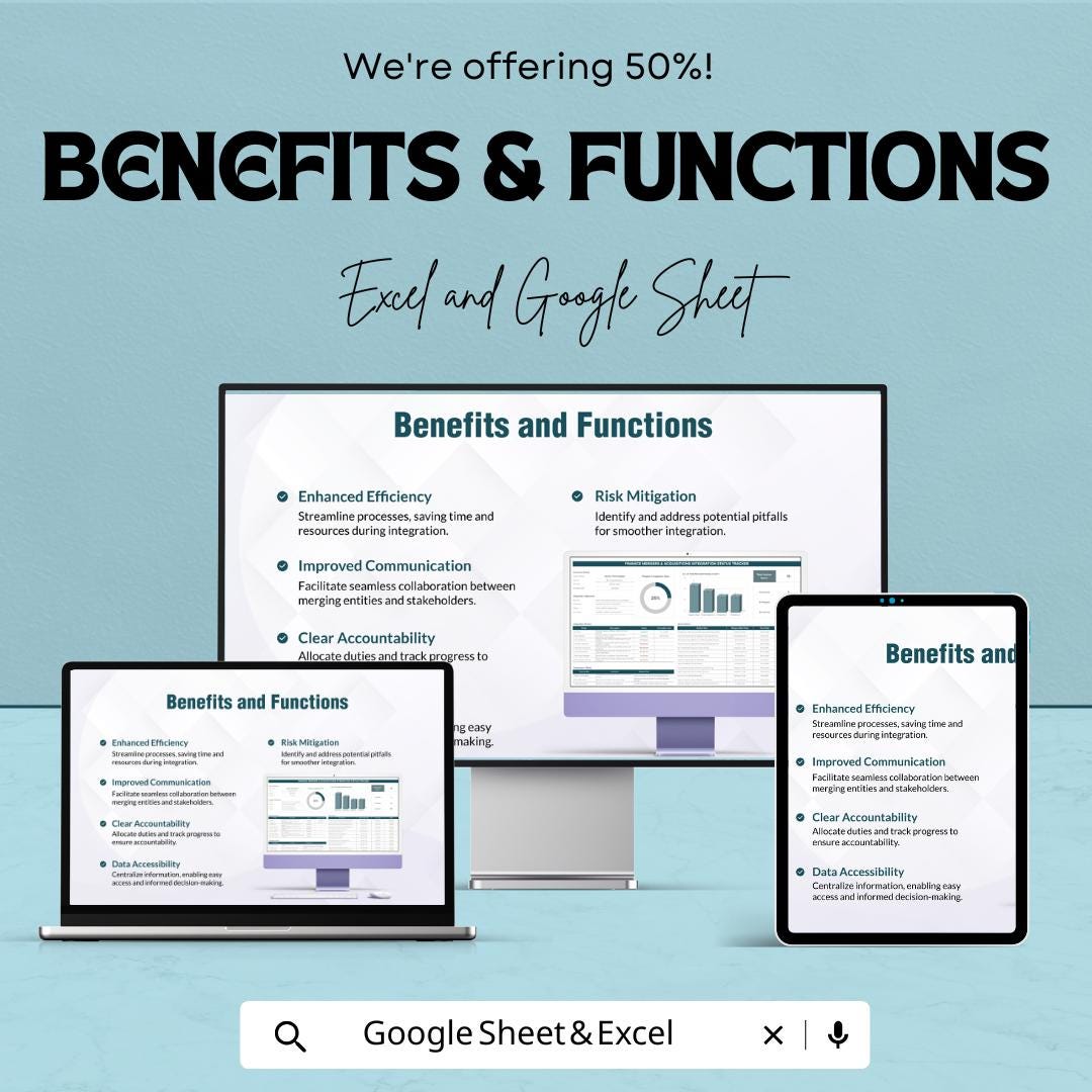 Finance Mergers and Acquisitions Integration Status Tracker Sheet | Excel & Google Sheets Template | Track Integration Progress |