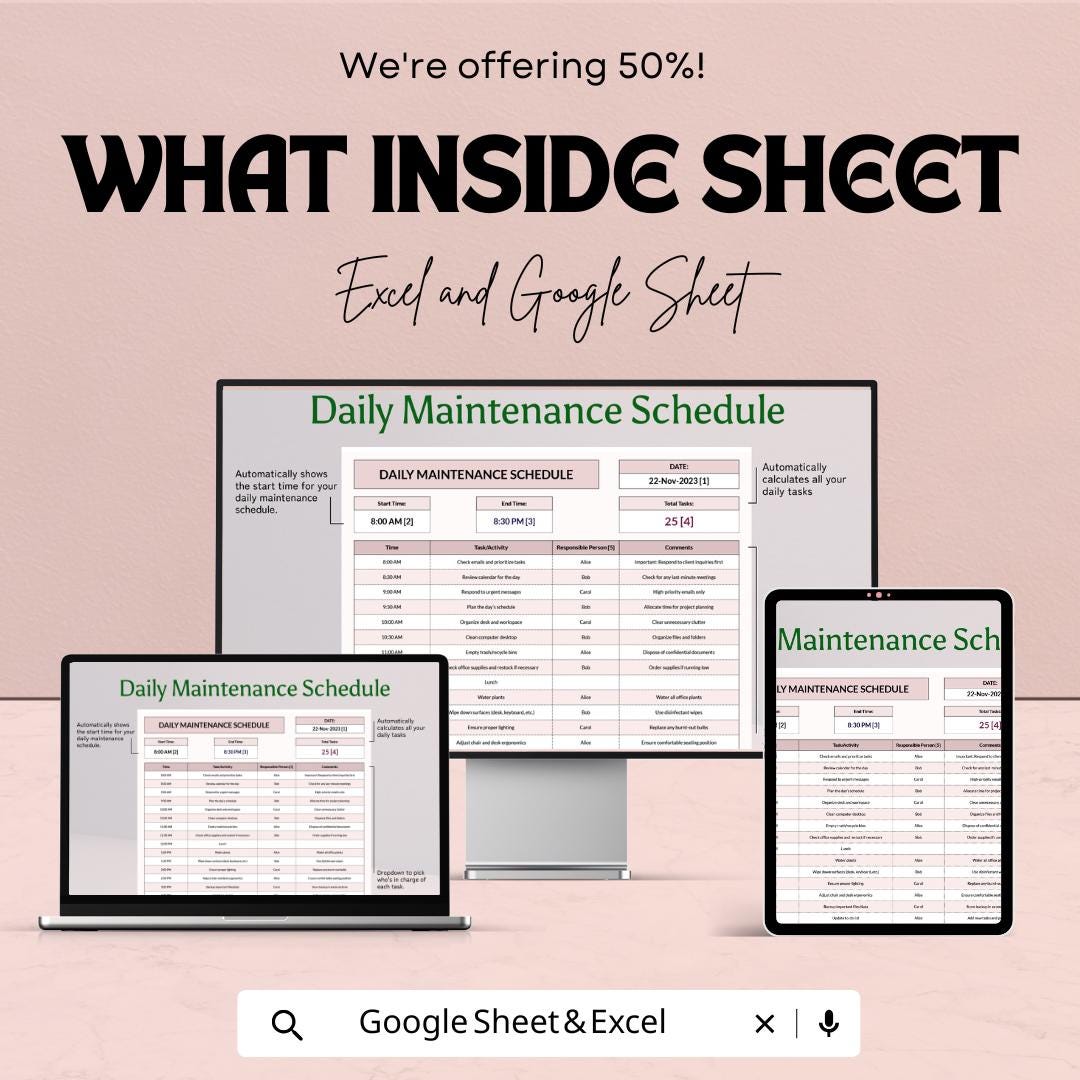 Daily Maintenance Schedule Template | Excel & Google Sheets | 50% OFF