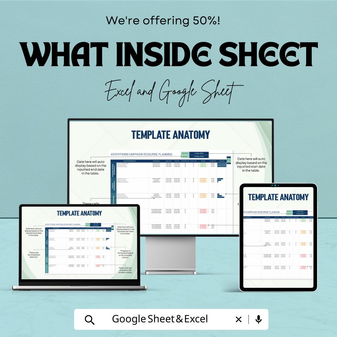Advertising Campaign Resource Planning Template  | Marketing Campaign Planner | Project Timeline Tracker | Campaign Management Sheet