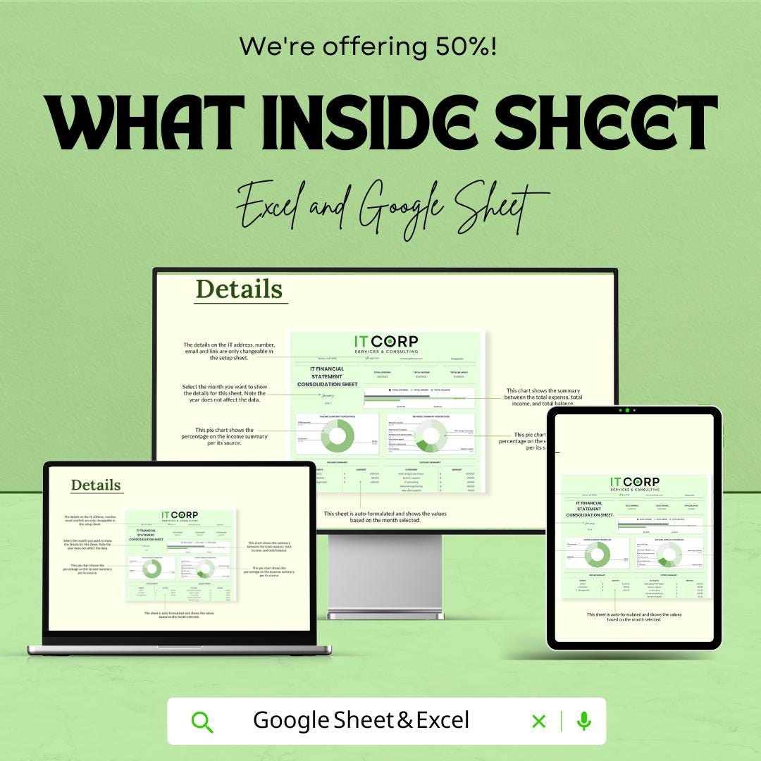 IT Financial Statement Consolidation Sheet - Google Sheets Template - Monthly Income & Expense Tracker for IT Business - Budget Planning