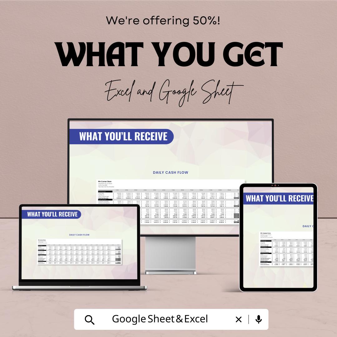 Daily Cash Flow Sheet Template - Excel and Google Sheets - Track Income, Expenses, Net Cash - Editable & Instant Download