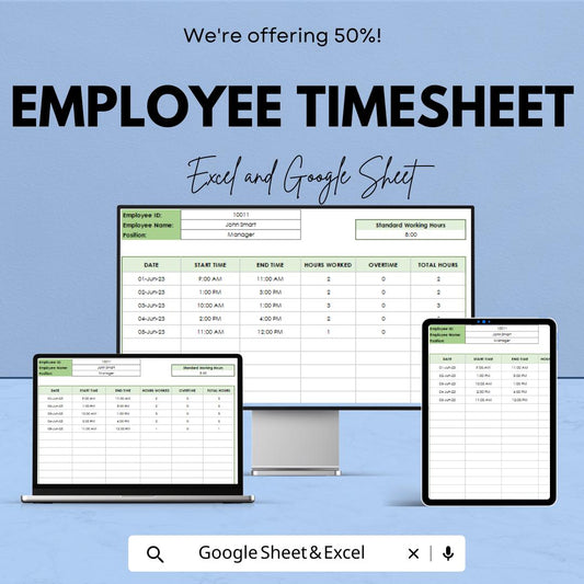 Employee Timesheet Template - Excel & Google Sheets, Track Work Hours, Attendance, Overtime Calculation, HR Management