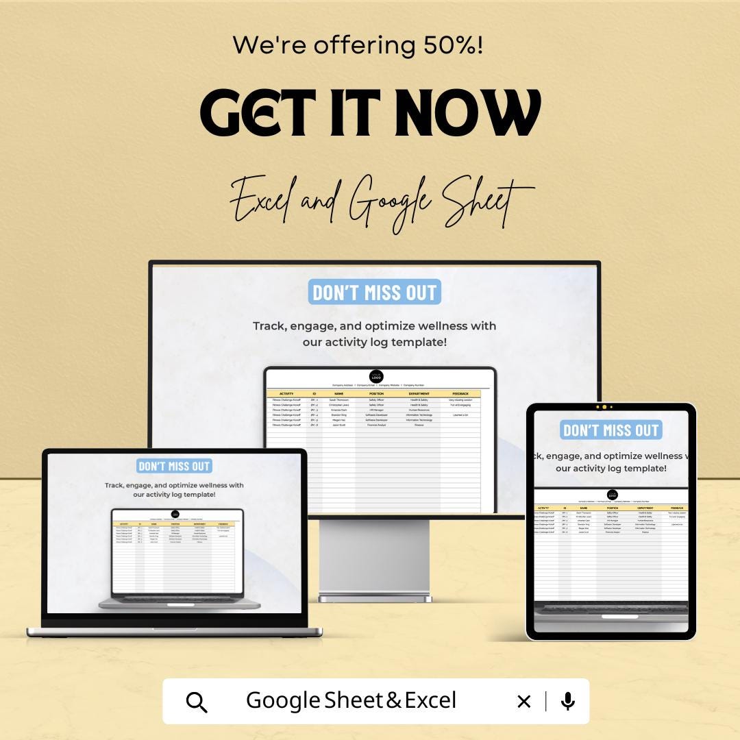 Employee Wellness Activity Log Template | Excel & Google Sheets | Workplace Wellness Tracker | Employee Engagement Spreadsheet