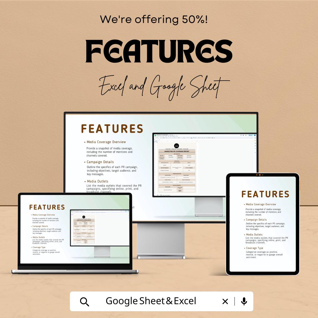 Marketing PR Coverage Report Sheet - Excel & Google Sheets Template - PR Campaign Coverage Tracker for Marketing Professionals