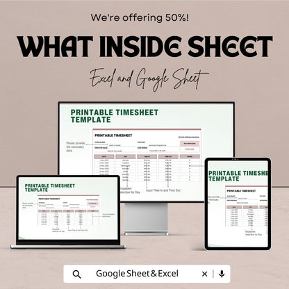 Printable Timesheet Template - Editable Excel & Google Sheet for Easy Time Tracking