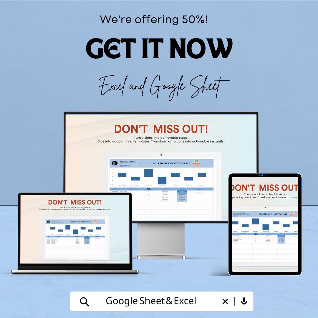 Milestone Chart Sheet for Excel & Google Sheets - 50% Off - Track Project Milestones and Goal