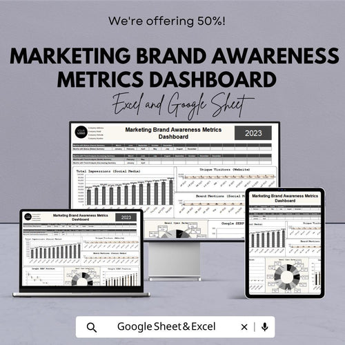 Marketing Brand Awareness Metrics Dashboard | Google Sheet Template | Track social media, Website, and Email Performance | Metrics Overview