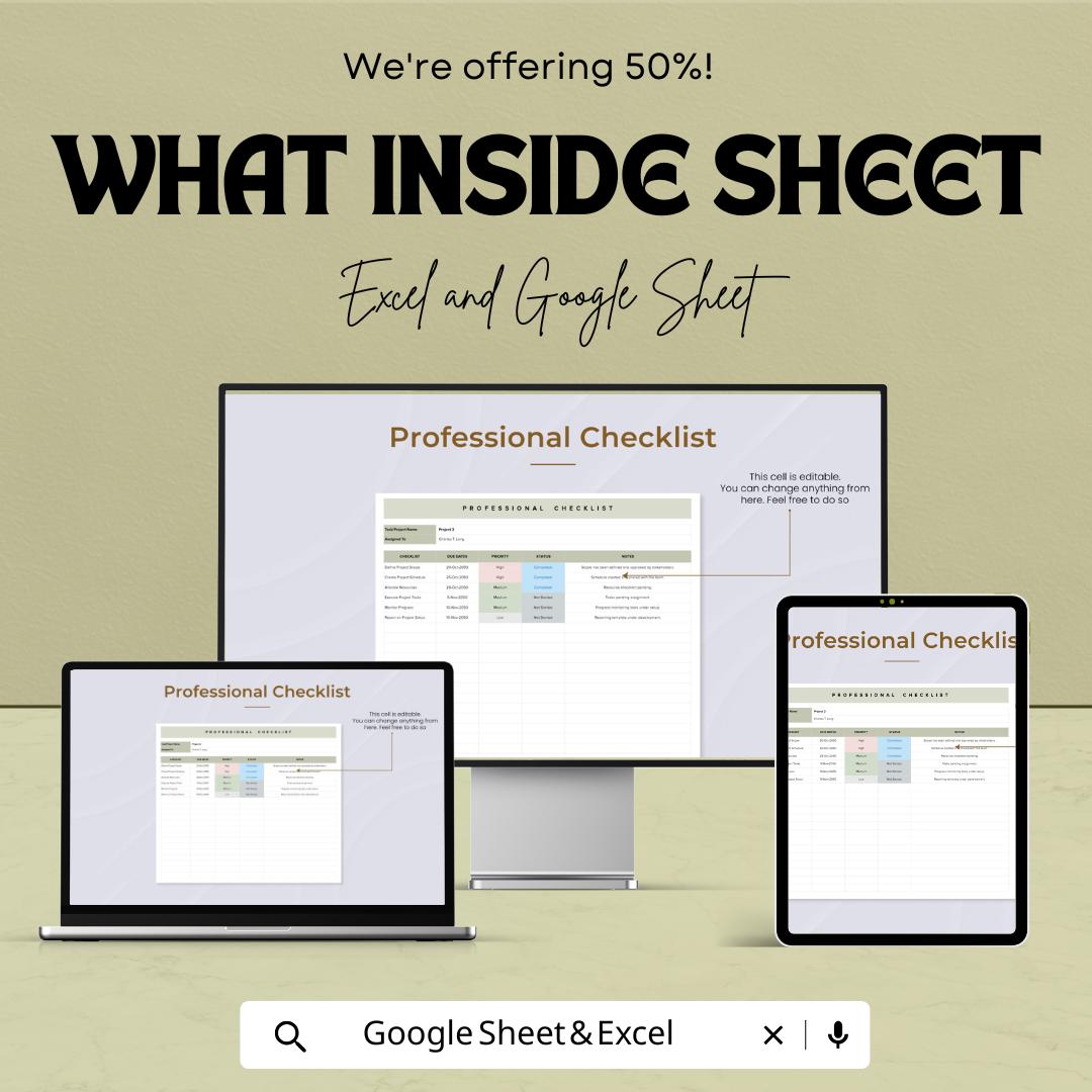 Professional Checklist Sheet | Google Sheets and Excel | Task & Project Tracker | Editable To-Do Planner | Business Checklist Template