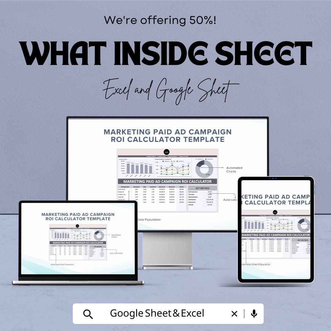 Marketing Paid Ad Campaign ROI Calculator Sheet - Excel & Google Sheet for Ad Performance Analysis