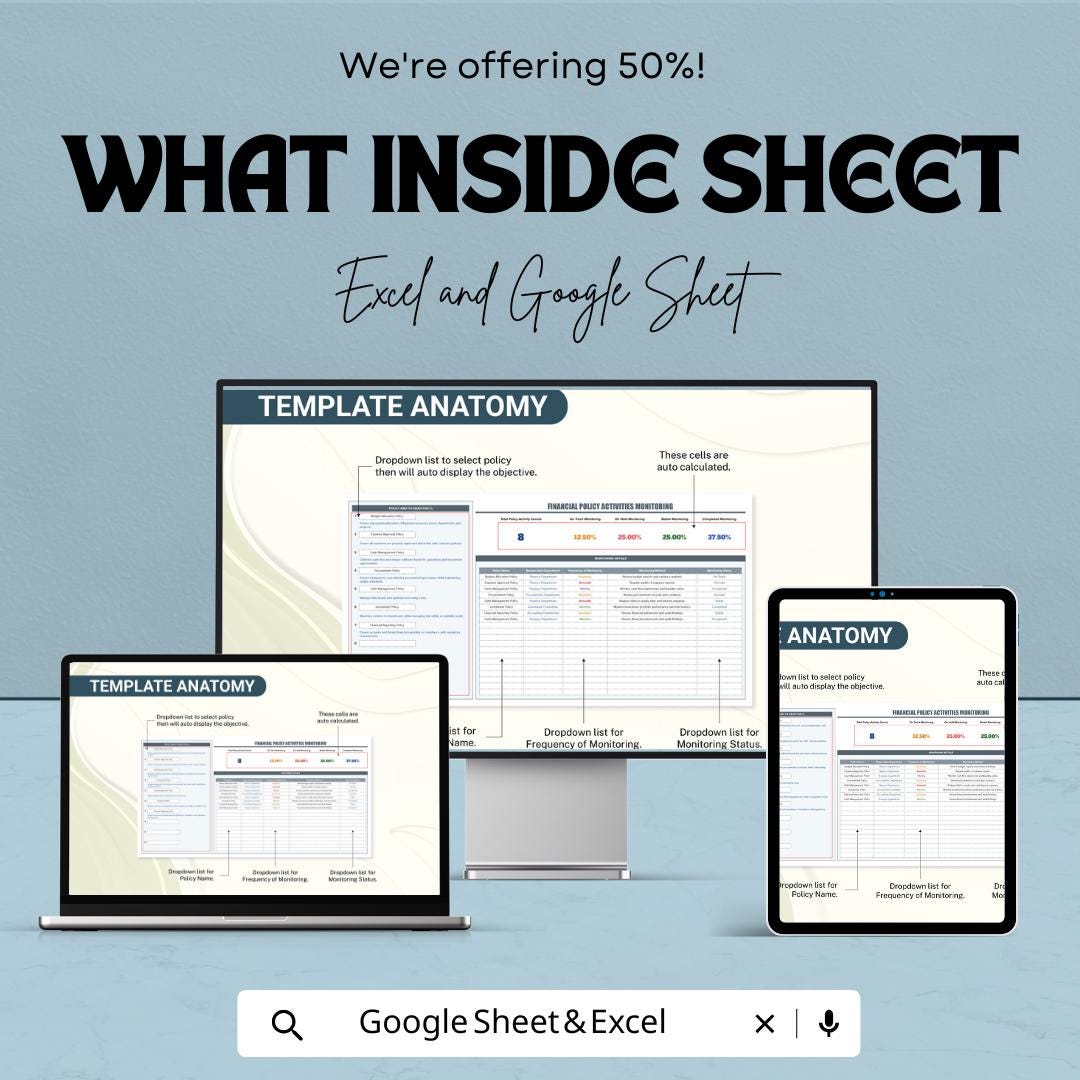 Financial Policy Activities Monitoring Template | Excel & Google Sheets | Compliance Tracking Spreadsheet | Internal Control Review Log