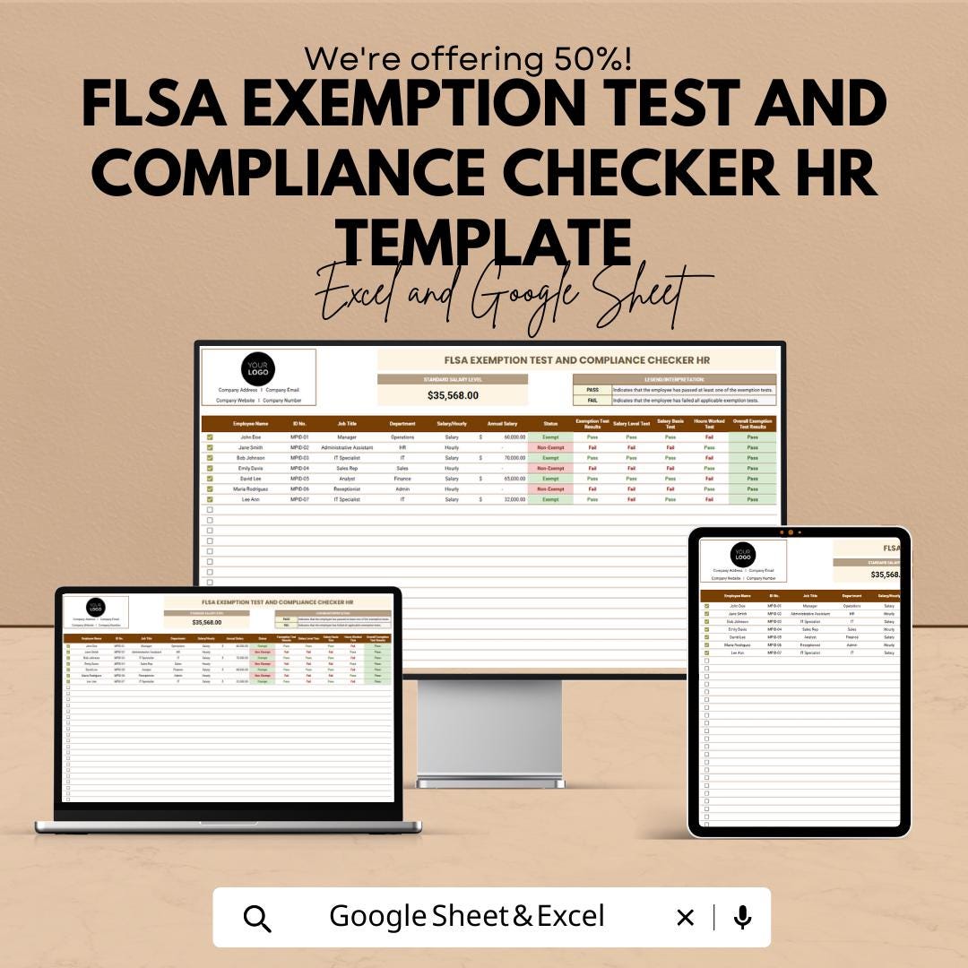 FLSA Exemption Test and Compliance Checker HR Template | Employee Classification Tool | HR Compliance Spreadsheet | Excel & Google Sheets