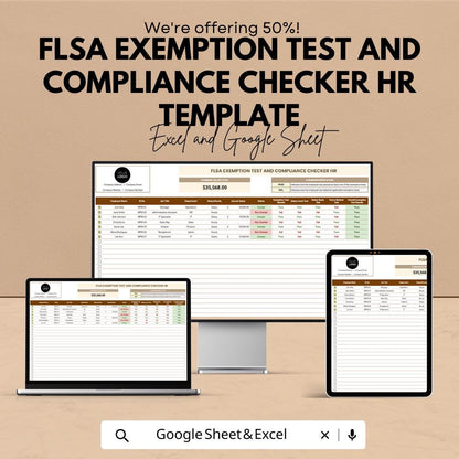 FLSA Exemption Test and Compliance Checker HR Template | Employee Classification Tool | HR Compliance Spreadsheet | Excel & Google Sheets