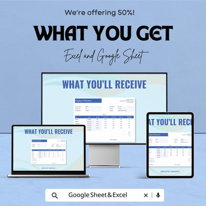 Employee Timesheet Template - Excel & Google Sheets, Track Work Hours, Attendance, Overtime Calculation, HR Management