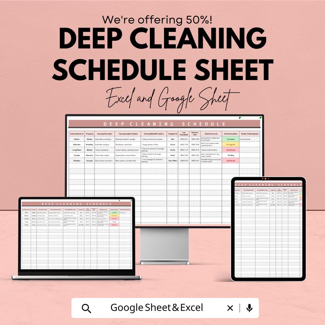 Deep Cleaning Schedule Sheet - Excel & Google Sheets Template - Task Tracking, Cleaning Checklist, Room Assignments
