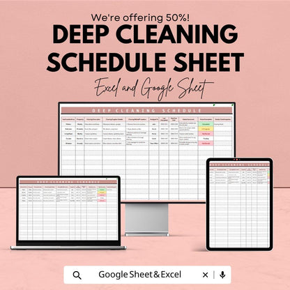 Deep Cleaning Schedule Sheet - Excel & Google Sheets Template - Task Tracking, Cleaning Checklist, Room Assignments