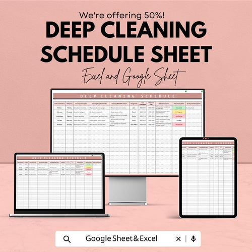 Deep Cleaning Schedule Sheet - Excel & Google Sheets Template - Task Tracking, Cleaning Checklist, Room Assignments