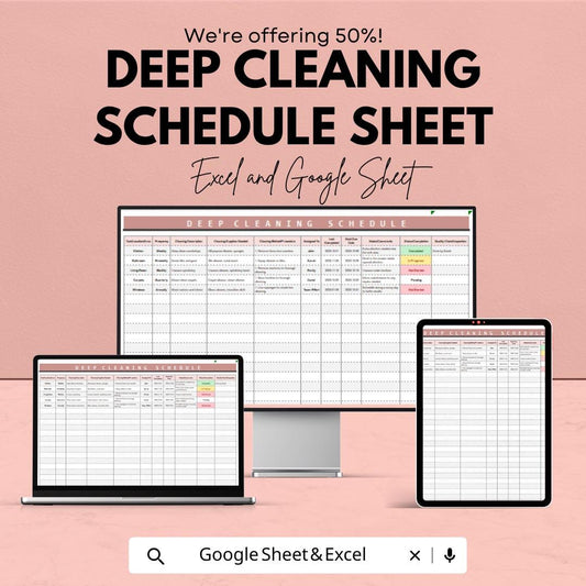 Deep Cleaning Schedule Sheet - Excel & Google Sheets Template - Task Tracking, Cleaning Checklist, Room Assignments